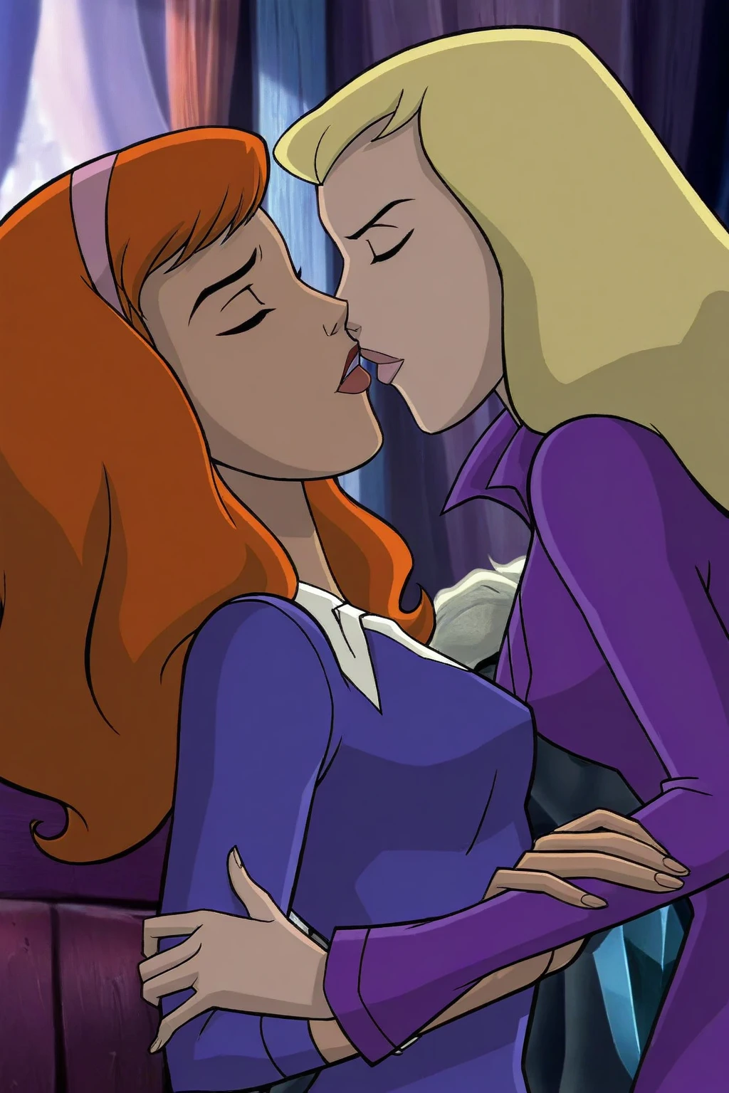 Sam, totally spies, kneeling, side view, inside a train, white pants, orange hair, green eyes, blushing, sucking penis, blowjob, short man
