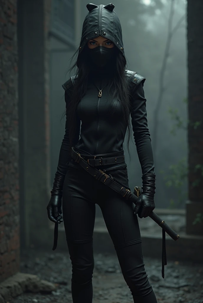 black hair, emotioneless,excorsist hunter,hunts souls , is apart from the great 5, black armor, black mask , black cape , powers , shadow powers , sitting on a log , watching , forest , has a gauntlet .