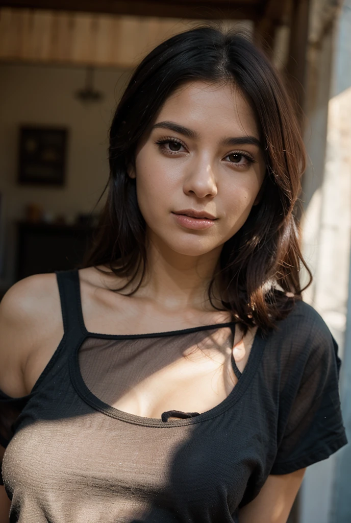 to a 23-year-old Bolivian girl with brown hair, piel clara, ojos claros, vistiendo vestido rojo con medias negras elegante