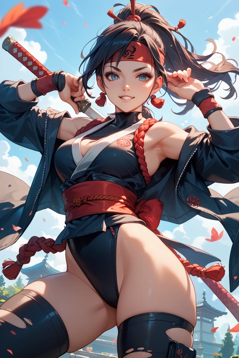 (1girl, solo, alone), (WakatsukiRisa, Sarada Uchiha, black hair, short hair, black eyes, red glasses), ((solo, (1woman, ((small bust)), pink lipstick, black eyes), Extremely detailed, ambient soft lighting, 4k, perfect eyes, a perfect face, perfect lighting, a 1girl)), ((fitness, shapely body, athletic body, toned body)), ((a drawing of a woman, kimono, holding a sword, ((sarashi, bandage)), cherry trees, cherry blossom, showing her shoulder, urban background, Tokyo))