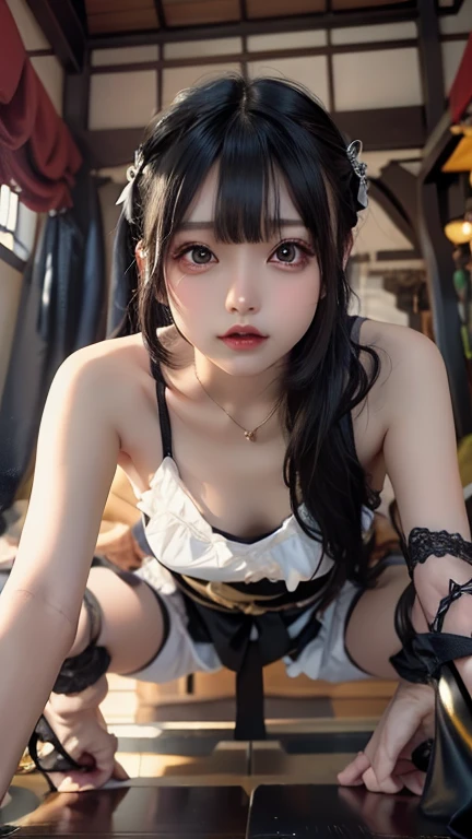 nedium breasts,cleavage,Beds,gluteal,blacksilk,long whitr hair,brunette color hair,8k,anime big breast,style of anime