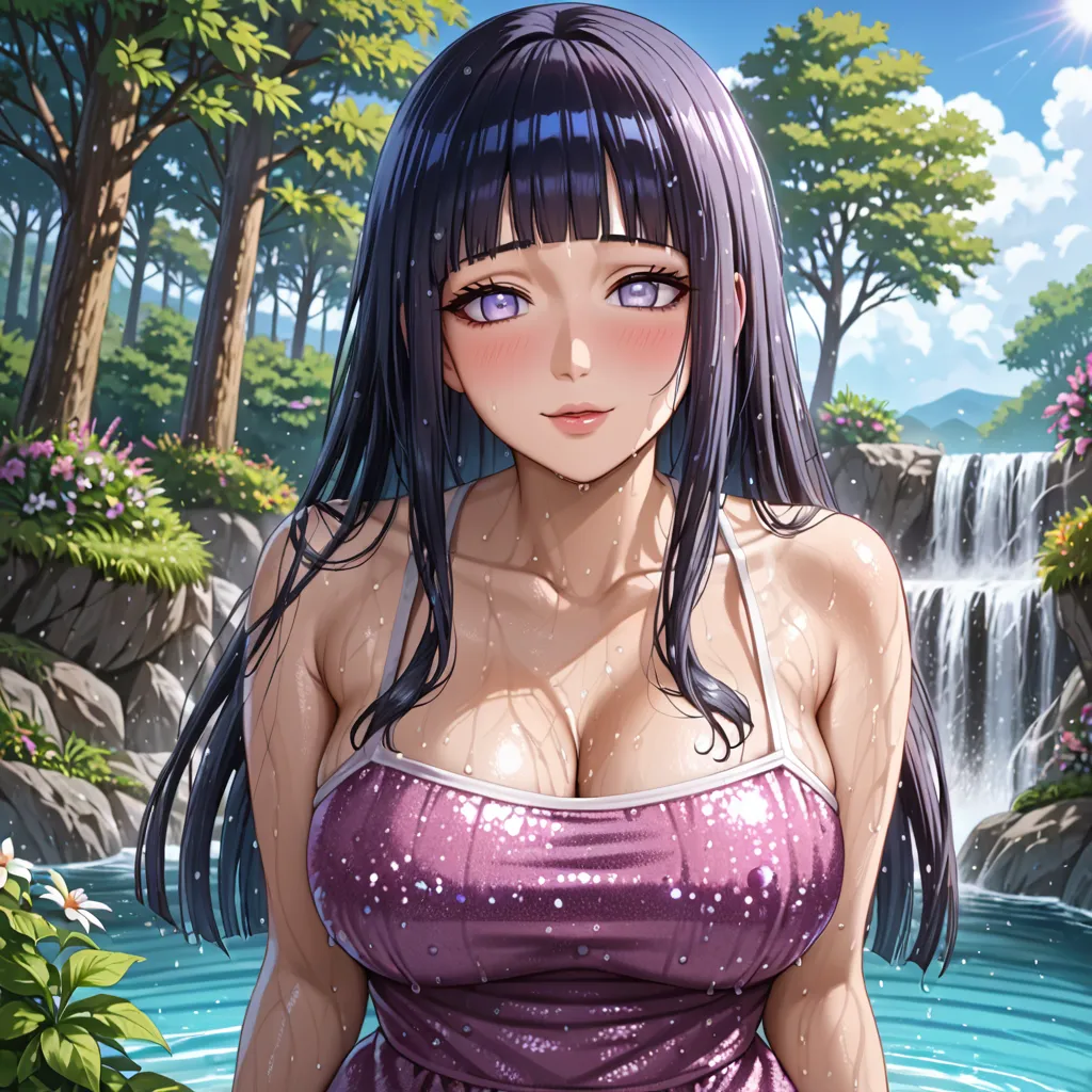 Make an image of a beautiful and pretty woman holding a purple flower, make her look beautiful and pretty, make the background a valley with a waterfall in the background, give a close up of the beautiful woman, make her look hotter and increase her chest size