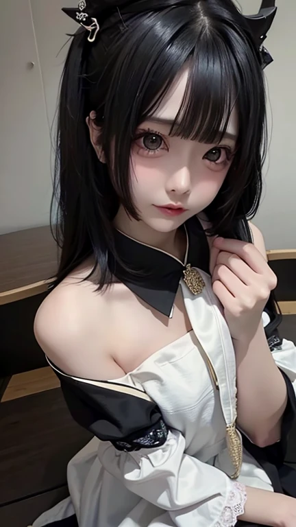 highest quality、8k、32k、masterpiece、Hmph:1.2)、One Girl、One 、Black-haired、Heavy bangs、uniform、Hair length、Very long hair、、Focus on the face、Focus on the face、Focus on the face,(((nsfw,nipple slip, Mid-chest,Detailed nipples,topless,))),(((((paizuri)))))