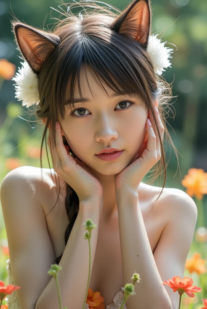 ((naked:1.3)),(beautiful Akihabara girls with cat ear sitting with her knee bend showing slit under cherry tree blossum:1.3),(no makeup),((cute round face)),(big smiling),((realistic)),junior-highschool student,Kawaii,braid hair and straight bangs,bright pale skin,((baby face)),childish look,matt skin,no makeup,ultra cute, transparent eyes, adorable charm, elegance,Render in a realistic style with meticulous attention to detail,photorealistic, transparent air, (best quality:1.0), (ultra highres:1.0) ,(photo realistic:1.0), (ultra detailed:1.0), (8k RAW photo:1.1),photographed by professional photographers using the highest quality equipment