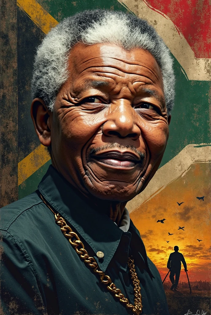 "Visualize Nelson Mandela's global impact with an image of people around the world coming together in solidarity, holding signs that reflect his messages of justice, equality, and human rights." male character