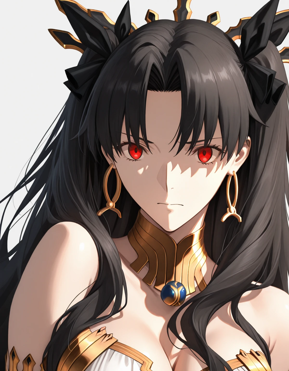 (Highest quality, One girl, masterpiece, RAW Photos,Very detailed:1.2), Ishtar, Ahoge, black bow, bow, Black Hair, Earrings, hair bow, hair ornaments, jewelry, Long Hair, (Red eyes), (Small breasts:1.2),