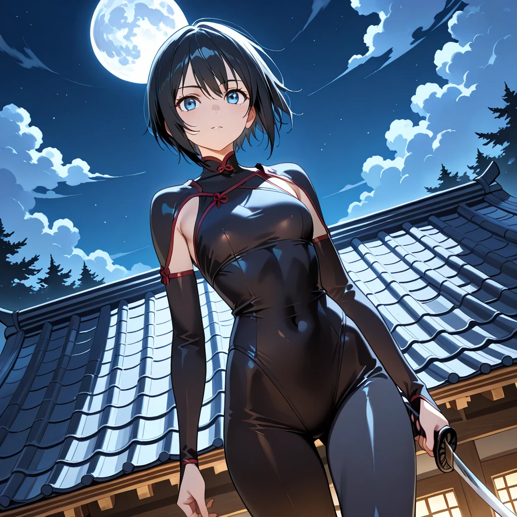(masterpiece,best quality,highres:1.1),<lora:Jade>,jadechan,JaBSuit,black fingerless gloves,(black bodysuit),black belt,straps,1girl,solo,medium breasts,short hair,black hair,thigh gap,(cowboy shot:1.4),charming posing,<lora:add_detail:0.6>,looking at viewer,arms behind head,cherry blossoms,cloud,full moon,moon,moonlight,night,night sky,outdoors,petals,blue moon,rose petals,sky,star sky,starry sky,sun,