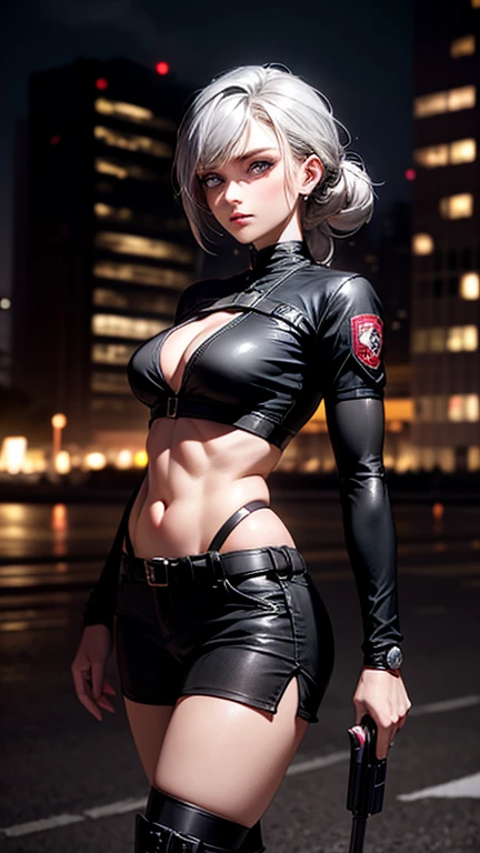 (Cool policewoman.Well-proportioned face.Beautiful white skin.A very muscular, thin body.Well-defined, beautiful six-pack abs.Sharp eyes.White Hair.Boyish short hair with a center part.I can see your forehead.Beautiful blue eyes.Deep red, intense eye makeup.Dark lipstick.Narrow waist.Skin is radiant).(Upper body naked.Black leather jacket.Black leather panties.Black long boots with lots of belts.There are lots of piercings.stockings).(1 Beauty.Late night back alley.Futuristic City.He has his back to me and his hands on the wall.Her butt is facing me.Smiling thinly.The eyes are narrowed)Perfect Face.Accurate human body.Accurate five fingers.High resolution.It&#39;s dynamic.Whole body image
