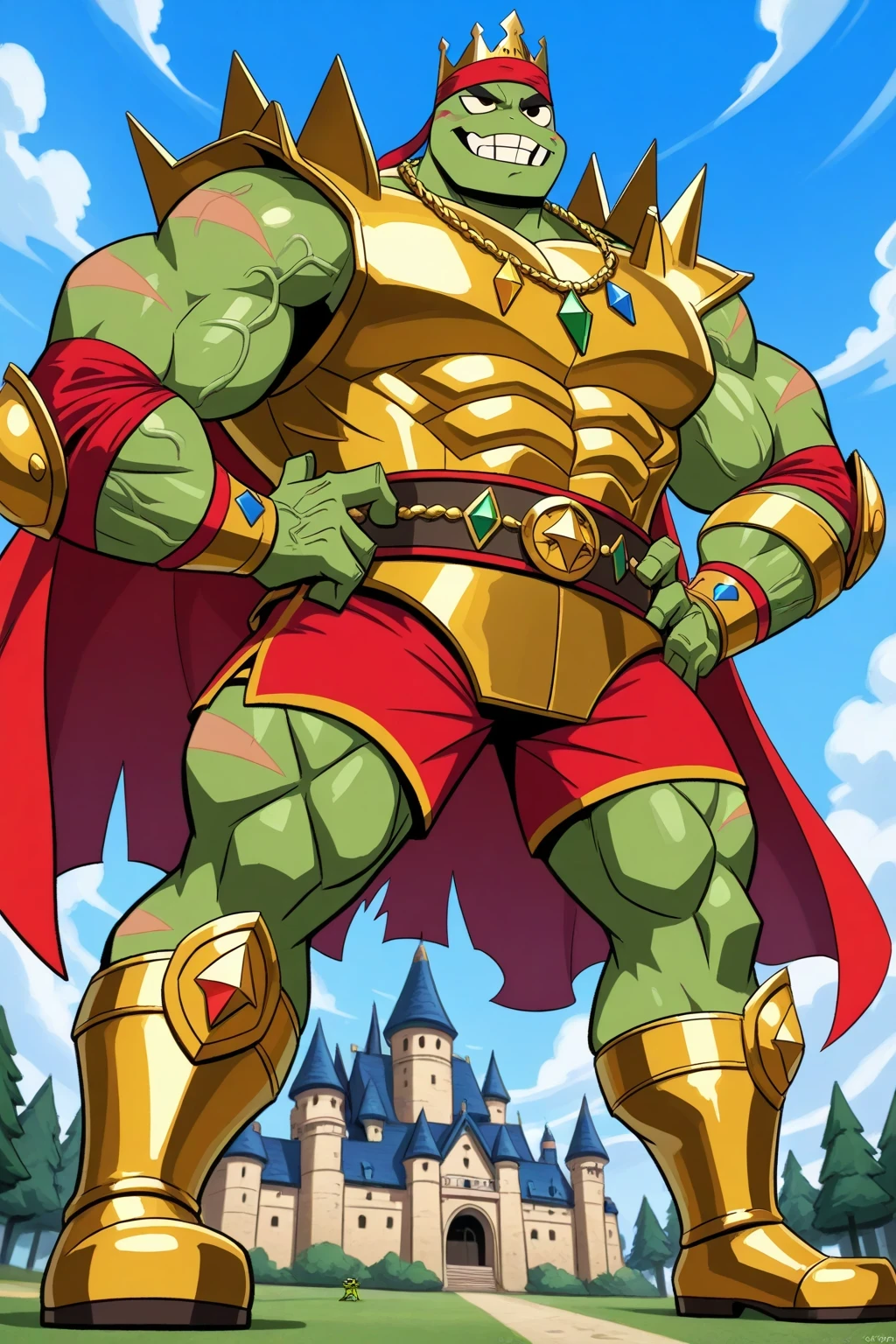 A green giant cartoon 2d frog king, gigantic chin, biggest muscular body, ginomous biceps enormous pectorals, detailed abs, golden armor with colorful jewels, golden bracelets with colorful jewels, golden necklaces with colorful jewels, golden chest with colorful jewels, golden wrestler champions belt, Red headband. Golden wrist tape. Golden elbow pads, Golden kneepads, ripped orange shorts, tattoos and scars, veins, bigger cartoon yellow frog eyes, green skin golden king crown with jewels, saturaded green skin, big frog feets, golden boots, wearing a ripped very long red cape, powerful smile expression, feral, smug, dark green eyebrows, sharp teeths, castle and village background, trees, blue sky and clouds background, full body, macro size, giant size, 50-foot size, 100 feet tall, powerful muscles, veins, tattoos, saturaded colors palette, fairytale fantasy scene, dynamic angle.