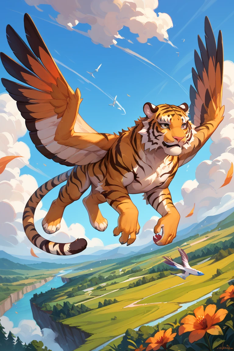 Cheetah wearing wingsuit (hunter, the cheetah from Spyro videogame) VHS, glitch, distorted, nostalgia, 90's retro vibes, analog tape, vcr aesthetics, tv, television, 1990's cartoon homage), comic 1990's, animated tv show screengrab, Cheetah dancing stanky boogie, soaring in the clouds, firing arrow from bow, cinematic poster, image within image, multiple exposure, massive scale, rich color grading for shading depth, hand drawn rotoscope cartoon realism, chiaroscuro lighting, mixed media, vintage comic, retro original design, 1990's comic, sense of movement energy, Hunter from the Spyro series is a tall anthropomorphic cheetah. He has a bright orange color with brown spots all over his coat. His underbelly and goatee are bright yellow, and his paws are a lighter orange. He has somewhat prominent brown eyebrows and bright blue eyes.