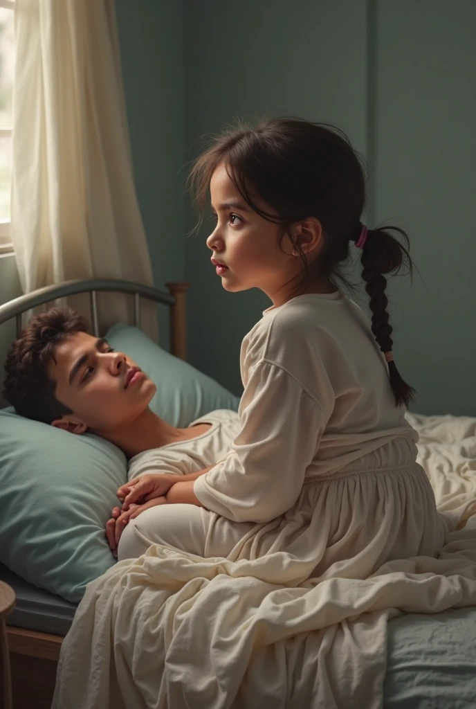 An 8-year-old daughter wearing pink pajamas is held by her 30-year-old father.................//daughter takes father'take her hand and press it against your chest..