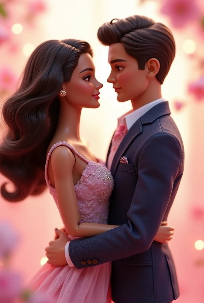 Estilo pixar, alta qualidade. He's got his eyes closed kissing her forehead without showing his teeth. She's got her eyes closed and smiling without showing her teeth. Vestido dourado com pedras.