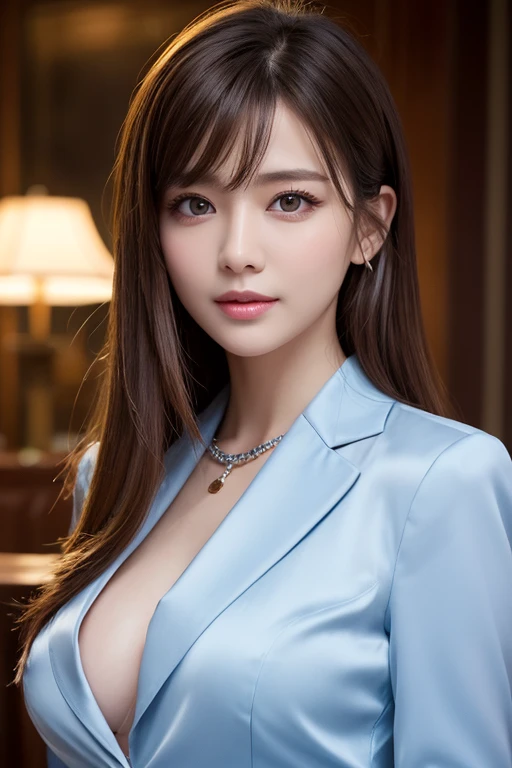 (highest quality, masterpiece:1.3, 超A high resolution), (Very detailed, Caustics), (Realistic:1.4, RAW shooting), Ultra-Realistic Capture, Very detailed,High resolution 16k, Human skin close-up, The skin texture is natural, It must be detailed enough to be easily identifiable,  Skin should look healthy and have an even tone, Use natural light and color, ((Dark Blue Blazer:1.4)), ((the body is slim)), girl, Japanese, 18-year-old, cute, Straight Long Hair, Big Breasts, orgasming, Turn your body forward, (View from the front:1.1), Looking into the camera, focused on the chest, Light brown hair, ((Black choker)), Very long and bushy eyelashes, blue eyes, bangs、Luxury Hotel Lounge, Marble wall, sofa, ((orgasming face:1.4)), Big Breasts, Red lips, The background is marble wall, gem