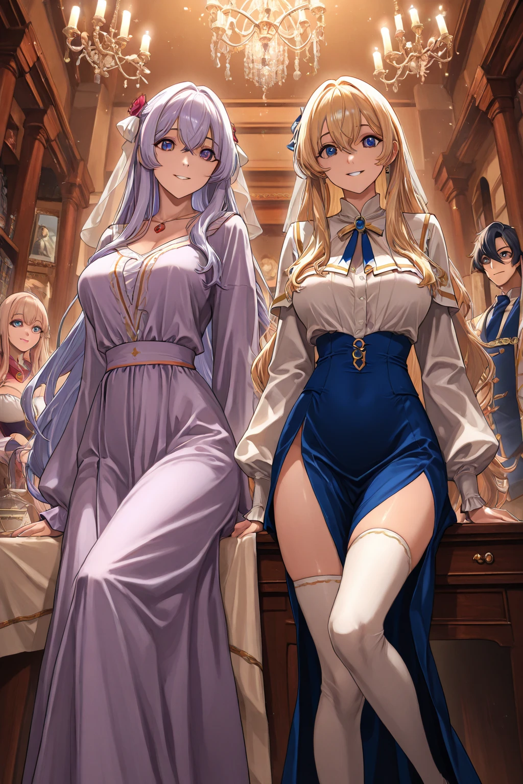 white hair, long hair, blue eyes, gown, medium breast, cleavage, short skirt, imperial, aristocratic