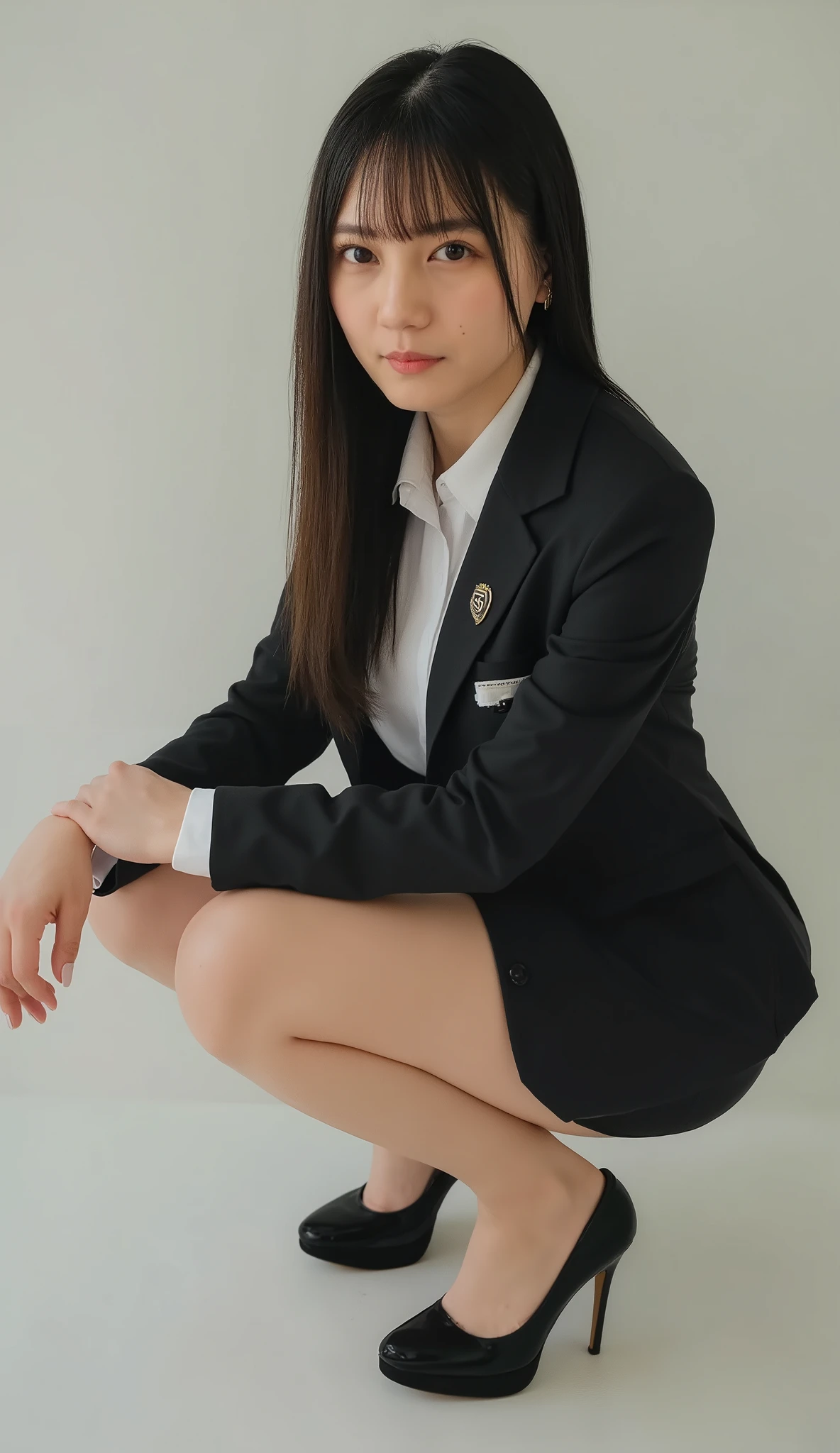 top quality, Fashionable Long Black Hair, professional OL with long black hair, dynamic squat pose, Super Delicate Eye and Skin Details, studio light, 30 years old, Dark Eyes, elegant, Mid-chest, Plump Lips, earring, necklace, Charcoal Tight Suit  , White blouse, miniskirt, High Heels, name tag, Long Sleeves,  slight motion blur , Gentle Movement Bokeh, profile, Composed, Intentional gaze, cowboy shot angle, Full Body