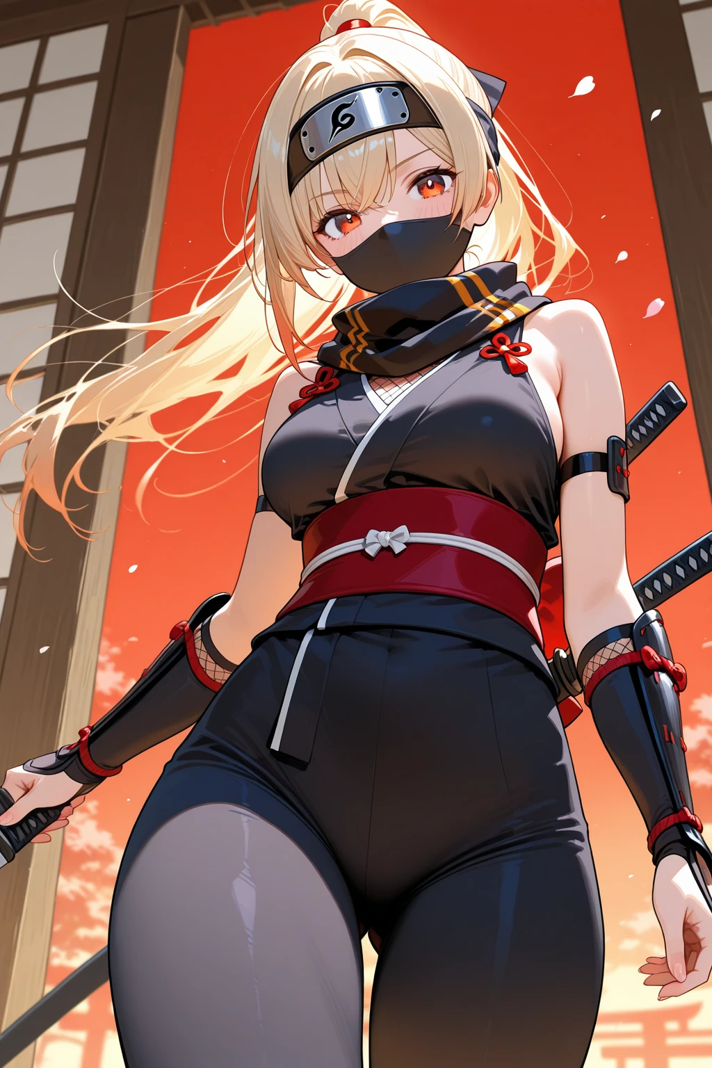 ninjartist、Kunoichi、ninja clothes、fishnet tights、fishnet tights、Short length、a blond、masks、(is standing、temple)、(masterpiece:1.2)、hires、超A high resolution、8K、hightquality、(foco nítido:1.2)、clean、vivid