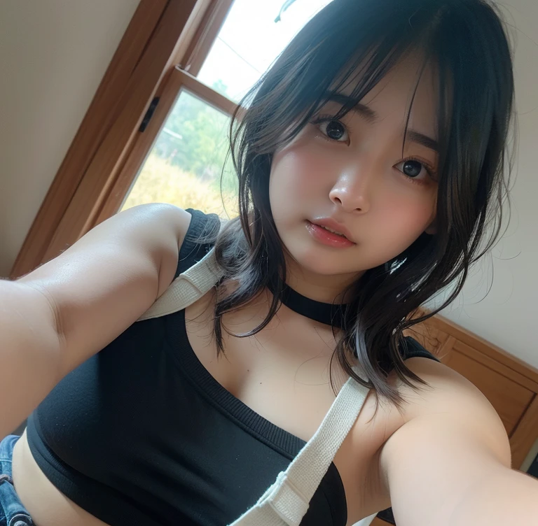 ((top-quality、8K、​masterpiece:1.3))、1girl in、Slim Abs Beauty:1.3、(Hairstyle Casual、huge tit:1.2)、Sexy Standing Pose、Perfect dynamic composition、(Show the armpits、open the inseam quite wide)、Super fine face、Delicat eyes、double eyelid、Dress: 1.1、((white Scoop Neck Ribbed Top、sleeveless、short length, slim fit、black sport shorts))、((wearing mouth mask、mouth mask fit his face))、Gas Station in arid areas、in the desert、