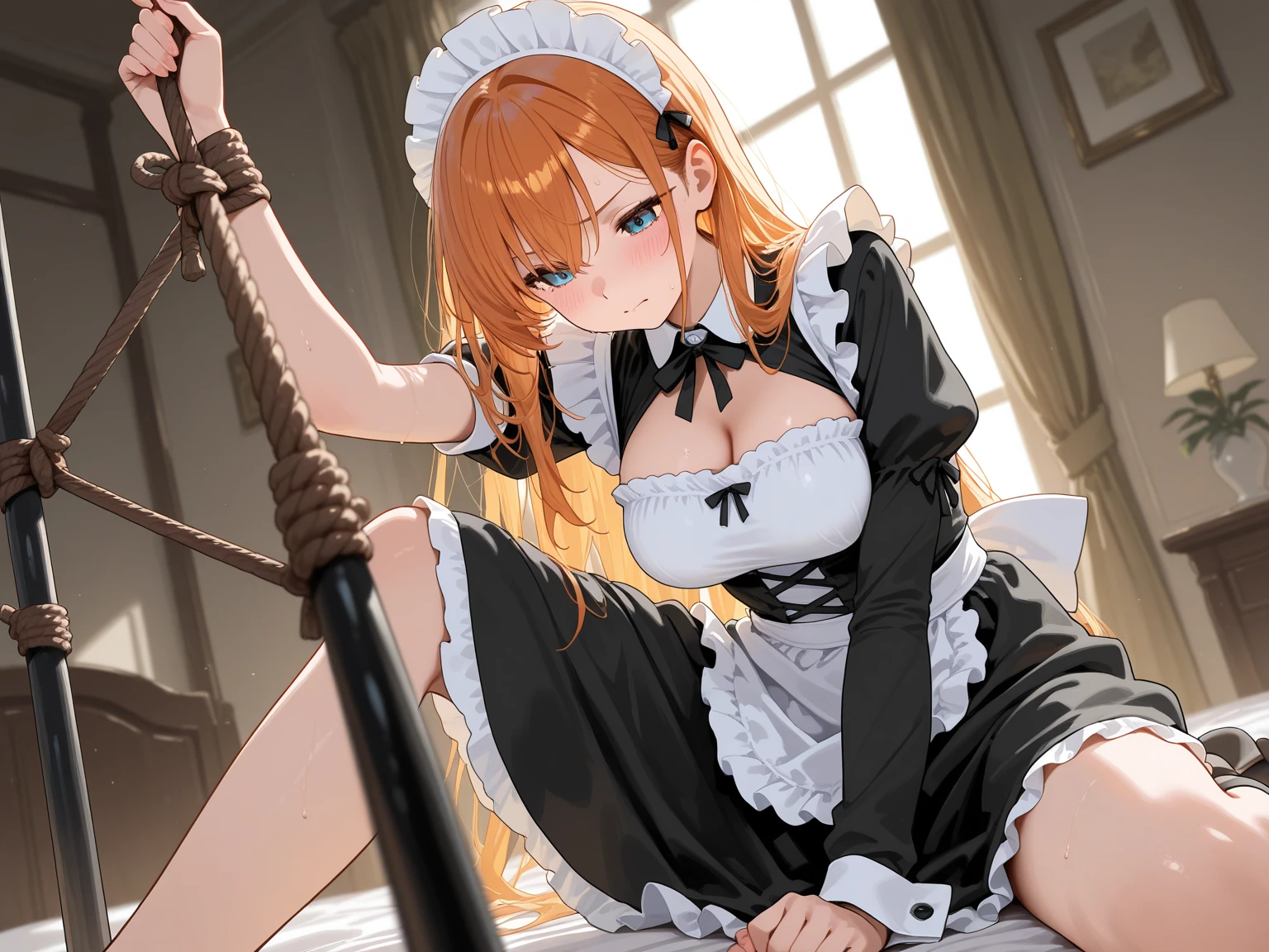 Shiny blond hair, very long hair, sophisticated haircut, ((((hair fully braided)))), ((small twisted braids)), thin and oval face, submissive, (((gagged))), ((((very cute maid girl)))), ((((very cute black maid dress)))), ((((cute waitress serving a blond man)))), cute and blushing 18 years old anime girl, look away because she is embarrassed and blushes, bright blue eyes, detailed face, detailed members, detailed arms, detailed hands, ((((sparkling diamond jewelry)))), tiara, ((makeup)), high heels, puffy sleeves, long gloves, long eyelashes, maid costume, maid dress, maid girl, Girl lying, tied by ropes, shackled, can no longer move, tied tightly, very hard tied up with lots of ropes, hampered by so many ropes that she can no longer move, bound hands and feet, ropes tie his whole body, tied extremely tightly and forcefully to her bed by a lot of ropes, its limbs are strongly tied together by ropes, his torso is tied up with thick cords, her chest is so tied up with ropes that it sticks out, her legs are tied tightly with thick ropes, his hands are tied behind his back with ropes, she can no longer move her feet, her hands which are tied by thick ropes, she desperately tries to free herself, likes to be tied tight with big ropes, likes to be immobilized by big ropes, lying down, his hands and feet are strongly tied to the railing of his bed, his legs are pressed together and tied with ropes, its limbs are held vigorously by imposing ropes, her hands are tied securely behind her back by ropes, her chest is compressed by strong ropes, she is pressed against her bed and restrained by large ropes (shibari, arms behind the back:1.4), (hands on the back), (masterpiece, best quality) 1.5, 1girl, solo, (sexy, beautiful woman, perfect face, perfect eyes, perfect hands), samus aran, (shibari, arms behind the back:1.4), (hands on the back), Spread the legs, s' ((lie in bed by big ropes)), ((close up of the girl)), ((((lie in bed))))