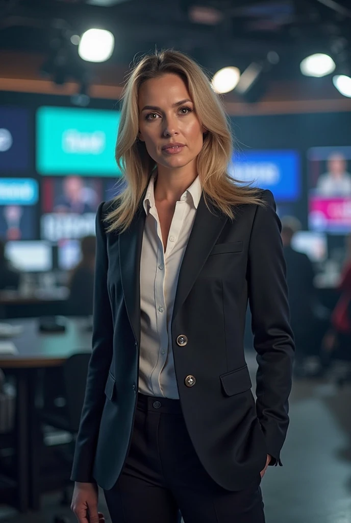 photorealistic, cinematic, raw photo, low angle shot, woman, mature, blond hair, hourglass body shape, big breast, big buttocks ,pixie hairstyle, wearing dark burgundy three-piece suit, black shirt, pearl necklace, tells the news on television, in the studio of a TV channel, confident