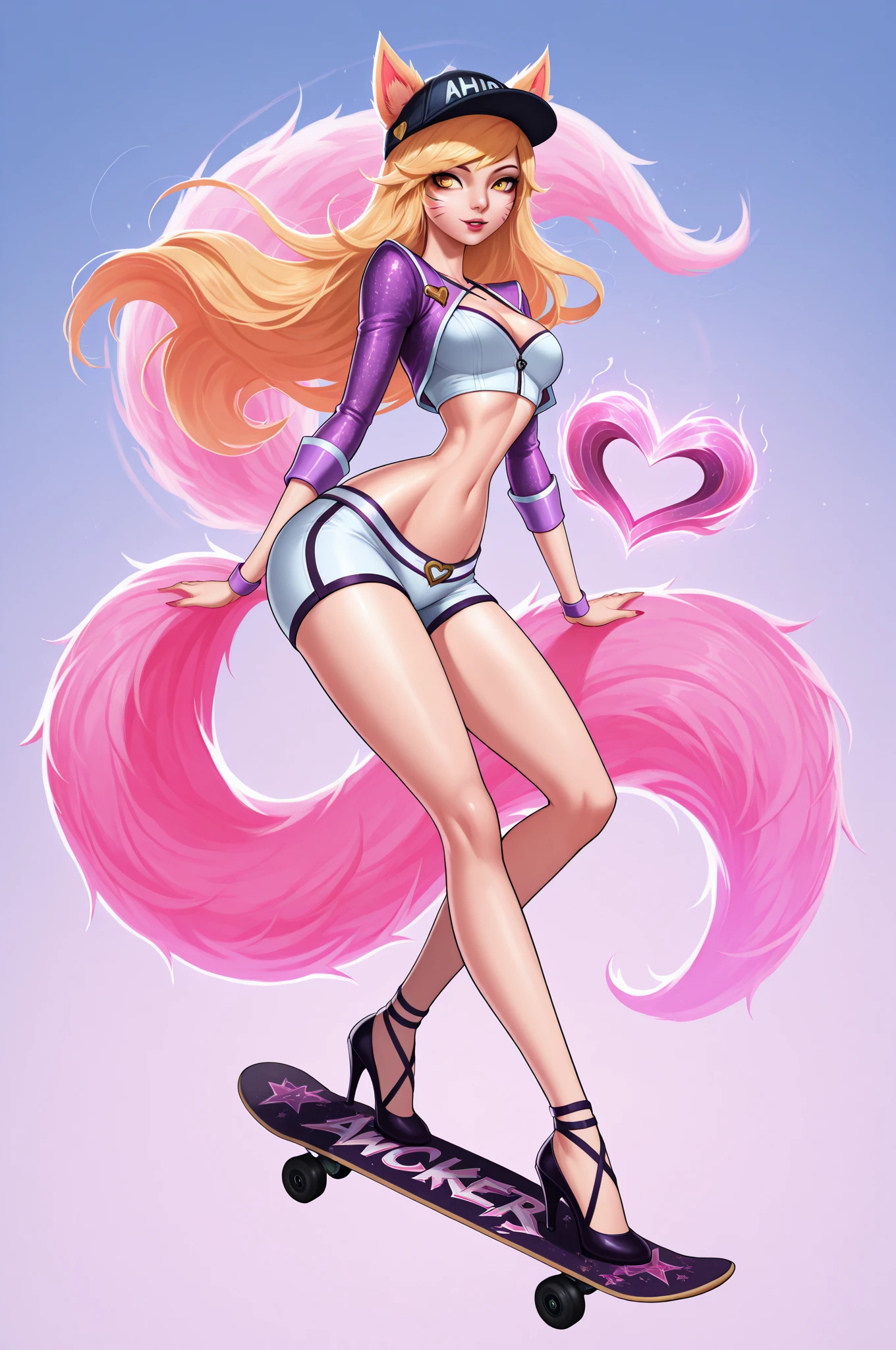 Nari, woman, standing, hand on hip, 1girl, solo, long hair, blonde hair, thighhighs, medium breasts, tail, full body, pink hair, multicolored hair, high heels, two-tone hair, wrist cuffs, gradient hair, makeup, underboob, lipstick, horse tail, rainbow hair, horse shoes, pink bra, yellow and orange pin, white background, shadow on ground,
highly detailed, 8k, cinematic,