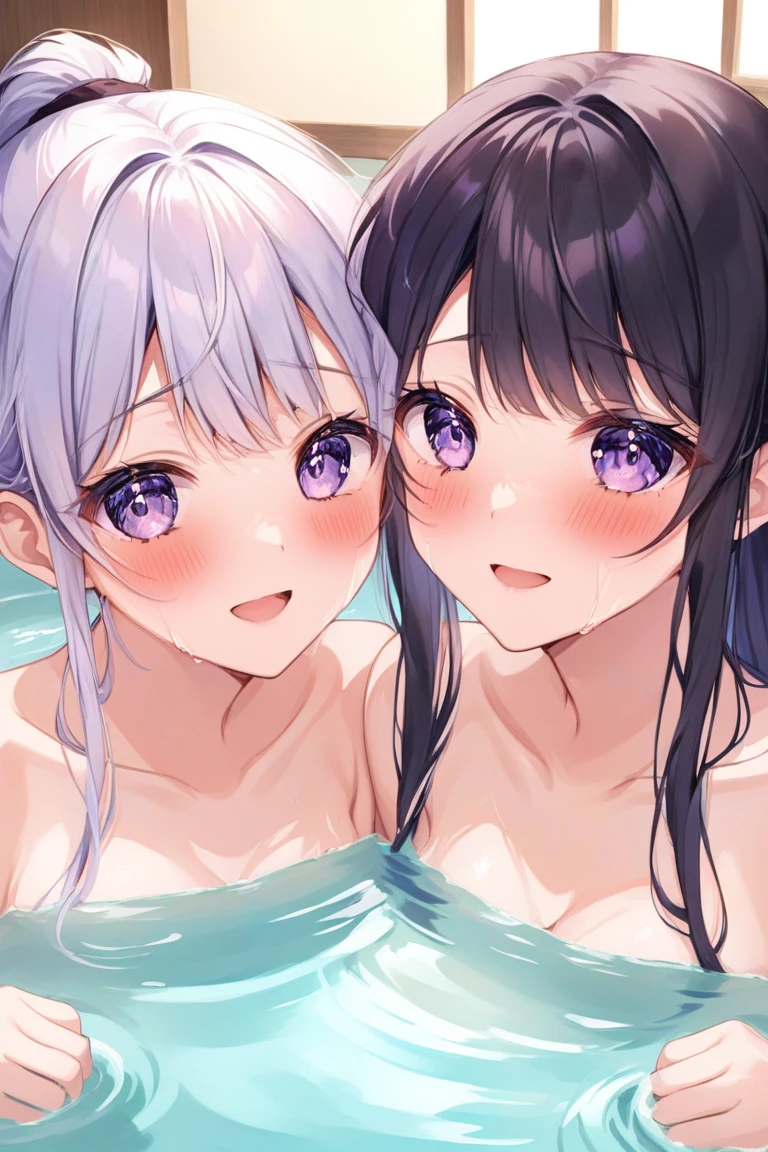 ultra-detailliert, Best Quality, hight resolution, moe-anime, ((Two cute naked girls with black hair and droopy eyes are hugging each other while wearing round glasses)), Pretty eyes, Detailed eye depiction, Eye sparkle, Looking at Viewer, pale skin, (((Petite))), (big eye:1.4), a smile, Focus on the face, in a pool, (((face only:1.3))), ((naked)), Bright eyes, from side, open mouth