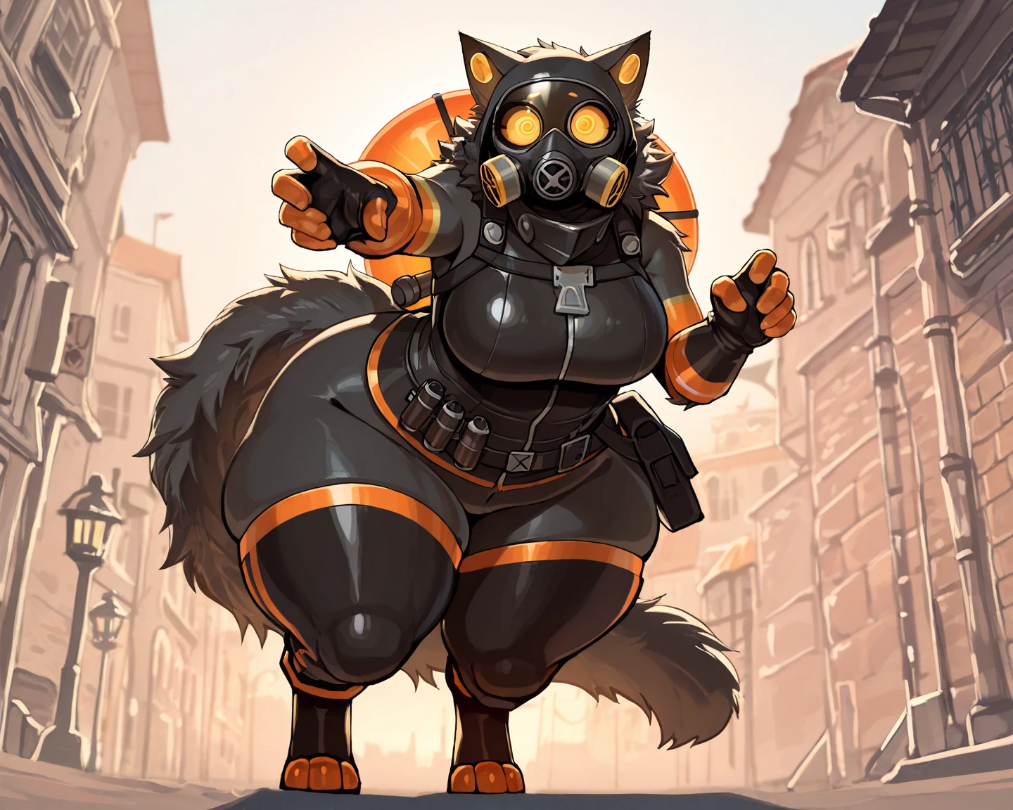 top quality, best quality, High-quality illustrations, masterpiece, super high resolution, detailed background, detailed background, detailed eyes, Happy, joyful, absurdres(highly detailed beautiful face and eyes)perfect anatomy(kemono, furry anthro), (((character is grayscale))), streamlined integrated breasts pumps built into top, smaller waist, full squishy thighs, full wide hips, round full butt, smaller torso, more narrow torso, smaller stature and height (((Tight tactical bodysleeve under clothing))), (((wearing tight fitted shirt))), (((dark grey fur))), (((dark body))), (((no nudity))), solo, female, kemono, hair, fullbody view, (((detailed eyes))), silver reflective colored iris, city, golden hour, plants, (((by bebebebebe))), by buta99, by pgm300, by kishibe, by suurin 2, by sindoll, by secretly saucy, by ANUKI_ex, (((dark grey hair))), (((wavy hair))), (((dark grey fur))), (((no fur pattern))), (((all dark grey body))), (((dark grey body))), feline, cat, glasses, scifi cyberpunk techwear cargo pants with utility straps, tight bra with thin straps and underbust support that struggle to hold breasts that squish and barely fit with excess breast squishing out from cleavage and sides worn under jacket, bra zips in the middle, bra straps connecting to harness for support, techwear crop jacket with triangle decals, scifi devices and tactical gear, tech harness, utility focused clothing, scifi tactical cylinder canister attached horizontally to her belt behind her with subtle tubes leading out from each side through her clothing and up to her breasts, (((dark grey eyes))), open mouth, facing camera, (((messy hair))), short hair, messy ponytail, with dark grey colored fur, full body covered in black fur, freckles on her thighs back and arms, no fluids, (((zzzz-cup size breasts))), (((very large swollen breasts that have difficulty fitting in clothing))), nipple silhouette from clothing, inverted nipples, puffy nipple