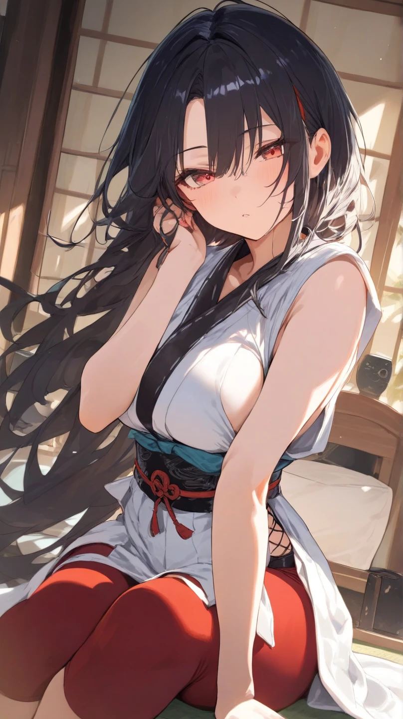 (sexy armpits, armpits line, shwoing armpits, sweating armpits, sweatdrops from armpits:1.5), (older sister aura, petite and small figure, medium side breast, housewife aura:1.4), detached sleeves, detailed black hair, bare shoulders, detailed collarbone, hakama skirt, yamato nadeshiko, 1girl, solo, outdoor, cute japanese model girl, very long black hair, floral print, (shrine maiden hair ornament, shrine maiden kimono, hakama:1.4), bangs, (masterpiece, best quality, HD Pictures, 4K:1.4), (gentle look, blusshing, shy, timid, gentle smile, gentle eyes, mature looking:1.5), pinkish cheeks, very detailed eyes, very detailed pupils, very detailed hair, furisode, flower head accesories, from front pov, detailed face, full body, detailed long black hair, (sitting in open sauna:1.3)