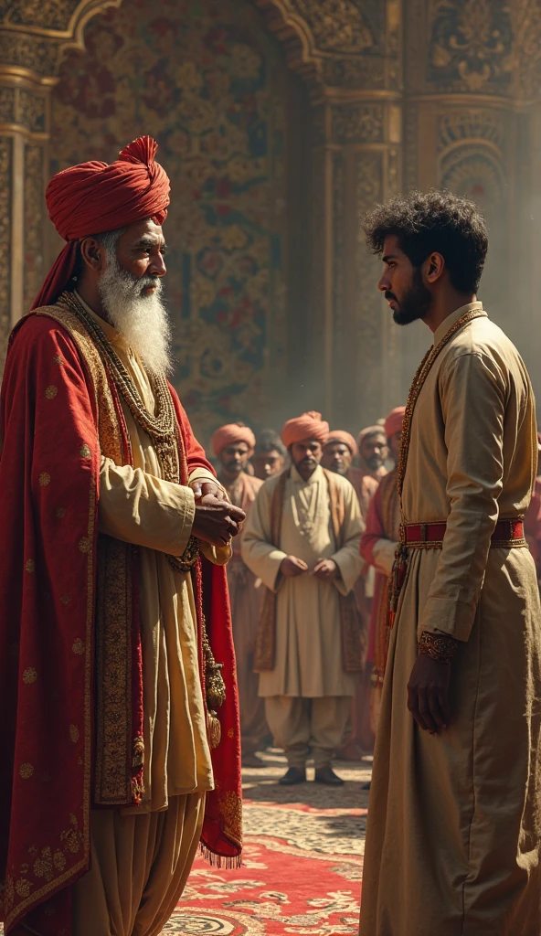 A old rajput man and a yung rajput man standing in their house talking together