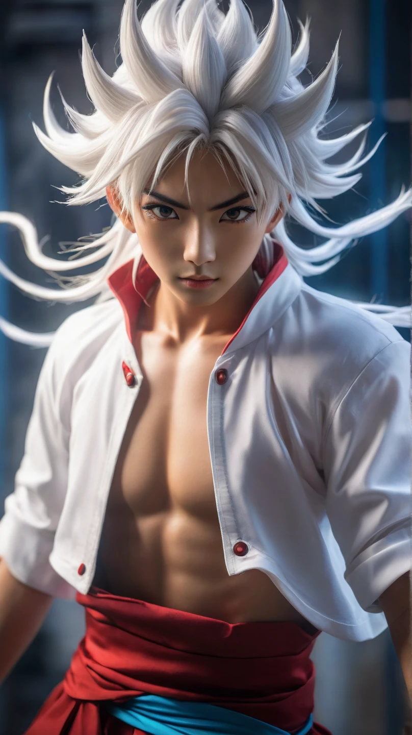 Best quality, ultra high resolution, ultra-detailed,realistic,18 years old,boy,8k,Luffy,one piece,White flame hair,Luffy gear 5,handsome,Naruto hair,white hair,hair up,Naruto.
