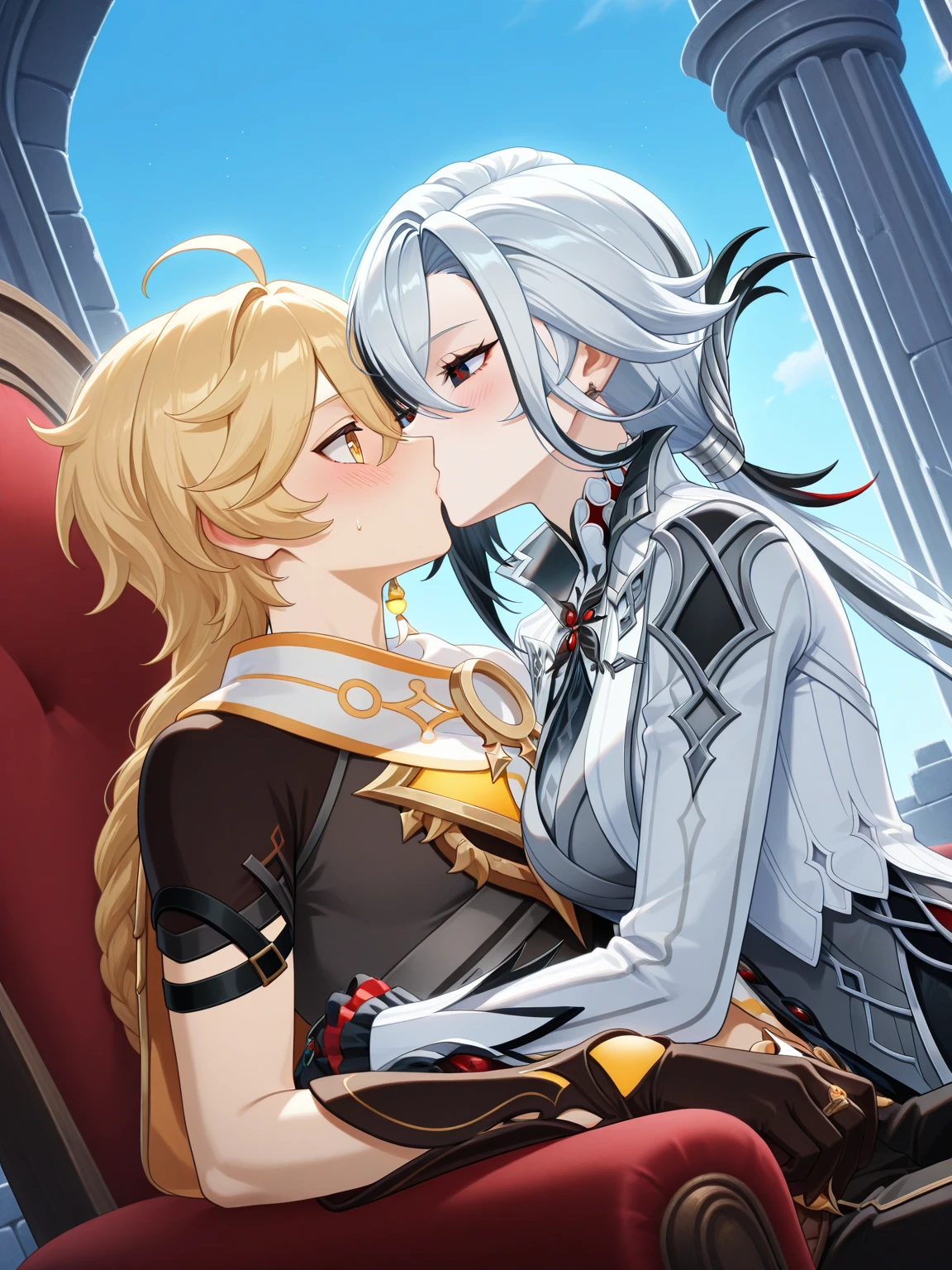 Tabletop, highest quality,figure, wallpaper, Super detailed, Absurd beauty、1 beautiful girl、(Blonde、long、Wavy Hair、Very large breasts)、(((to kiss)))、Close your eyes、blush、Shyness