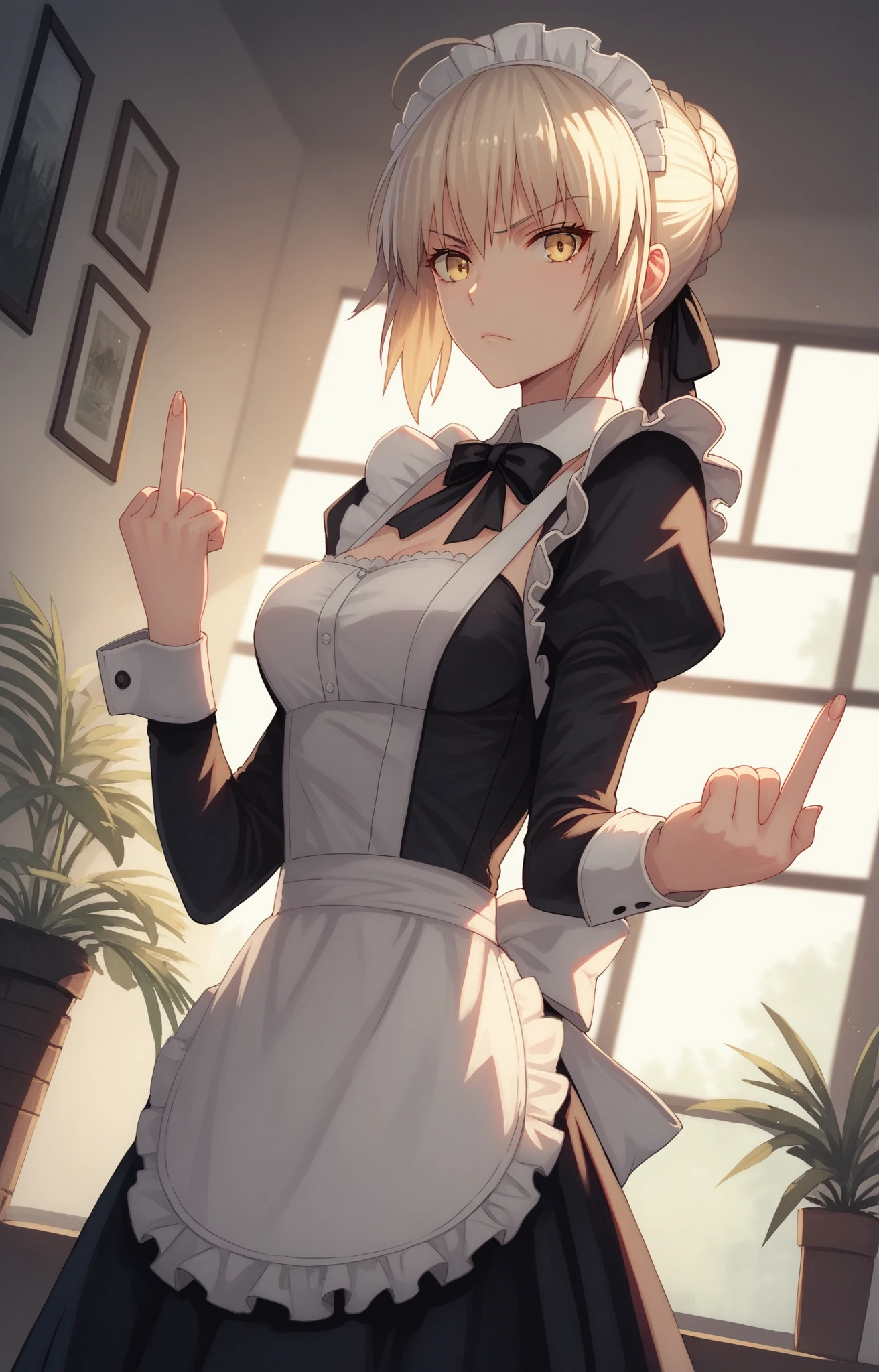 score_9, score_8_up, score_7_up, score_6_up, score_5_up, score_4_up, BREAK source_anime, 1girl, clothed, saber alter, indoors, potted plant, window, sunlight, by kasumi \(skchkko\), looking at viewer, serious, dutch angle, maid uniform, braid, double middle finger