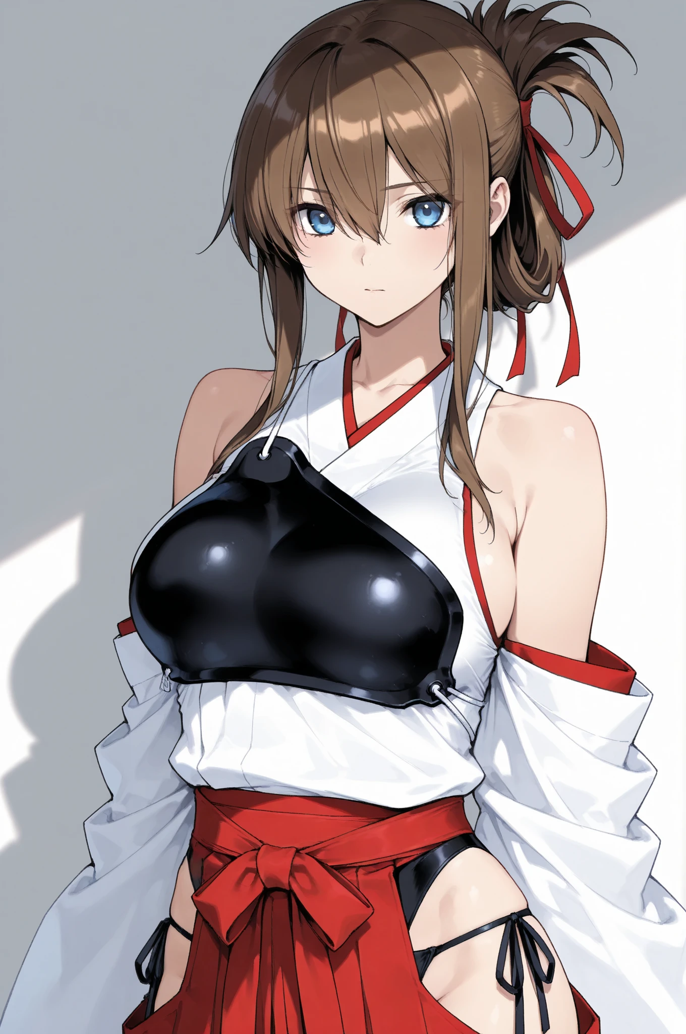 cowboy shot, solo, 1girl, shiba kuukaku, (prosthesis, prosthetic arm:1.2), smile, closed mouth, looking at viewer, red dress, bandages, cleavage