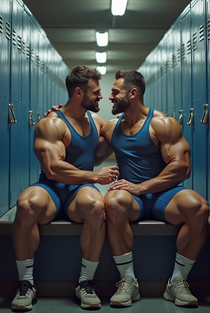 full view full body, 2 different handsome white european college boys with undercut clean haircuts, well-muscular, in shiny silky soccer jerseys, soccer shorts, white high soccer long socks, soccer cleats, horny, kissing in college locker room