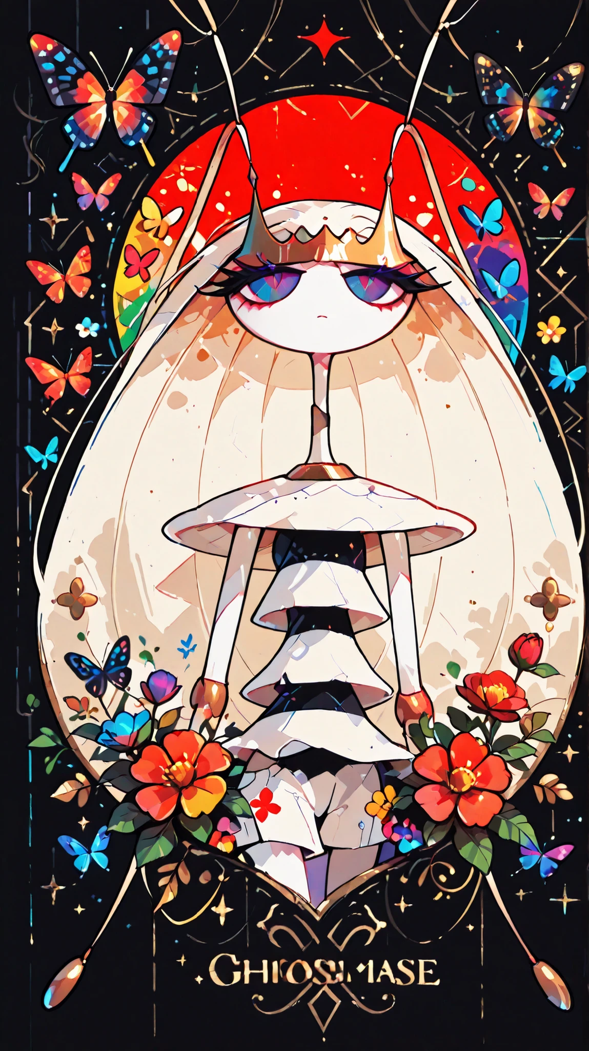 ((Colorful butterflies with gorgeous ornaments and flowers on black background)), ((pheromosa:1.1)),(harmony of butterfly), Butterfly, intricate digital painting, (mechanical butterfly), highly intricate and colorful, dark but detailed digital art, Highly detailed symmetry, detailed digital artwork, Symmetrical intricate details, plethora of colors,colorful intricate masterpiece,
(Sticker style:1.5),(Geometric pattern background:1.3),frontage、Sticker style,((over view)),(red light particle),portrait