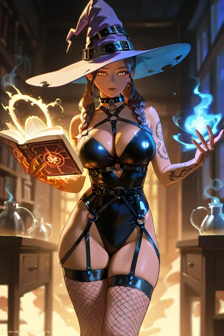 masterpiece, best quality, 1girl, <lora:kwFemaleBeta42_SDXL_v1:1>
black, corset, witch, magic wand, magic book, hat, cauldron, basement, chinese, stomach tattoo, nipple piercing, cleavage, waifu,