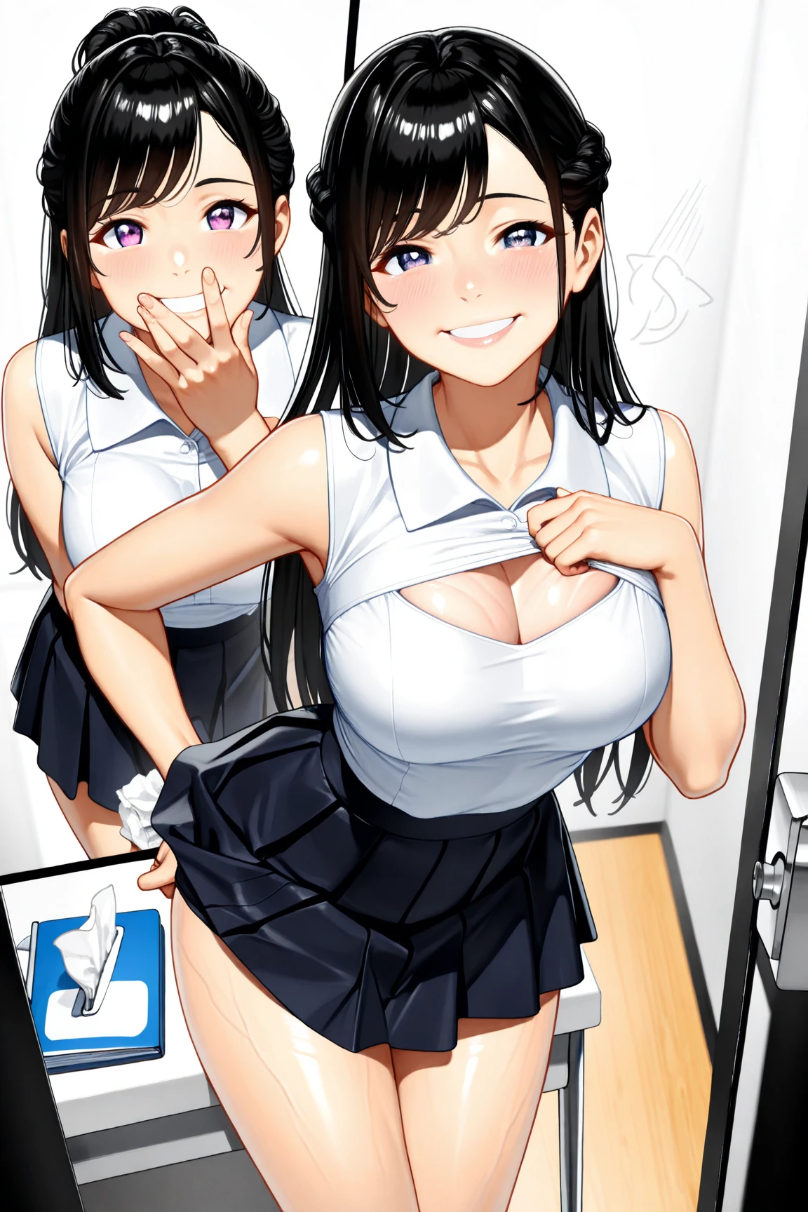 two beautiful ladies with short black hair wearing short pencil skirt and white shirt showing cleavage with boobs standing look at camera in the office, anime style --auto