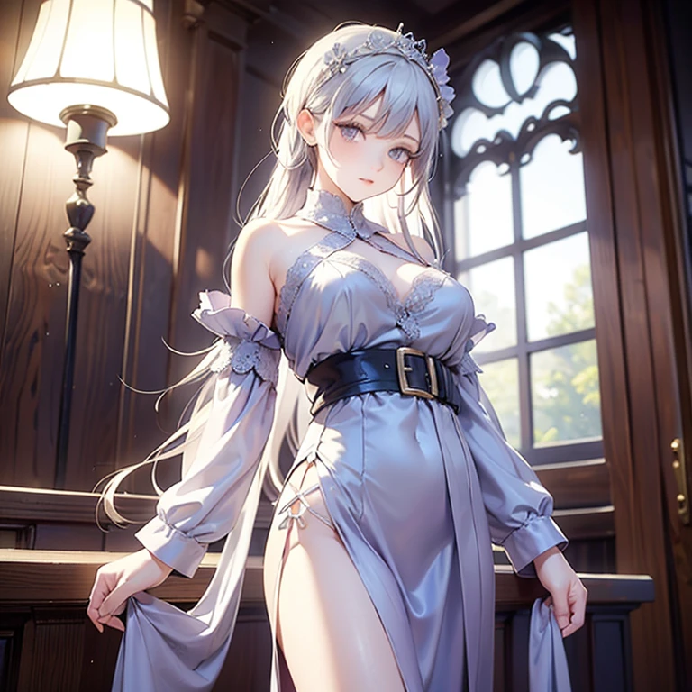 ((((masterpiece, best quality, high resolution)))), (1girl:1.5), ((long silky hair, silver hair, yellow eyes, earrings, choker)), (medium breasts:1.2), blush, light smile, parted lips, glow, thighs, bare shoulders, collarbone, narrow waist, (slender body figure), cleavage, (beautiful detailed face, beautiful detailed eyes), ((naked apron)), ((standing up)), looking at viewer, nighttime,