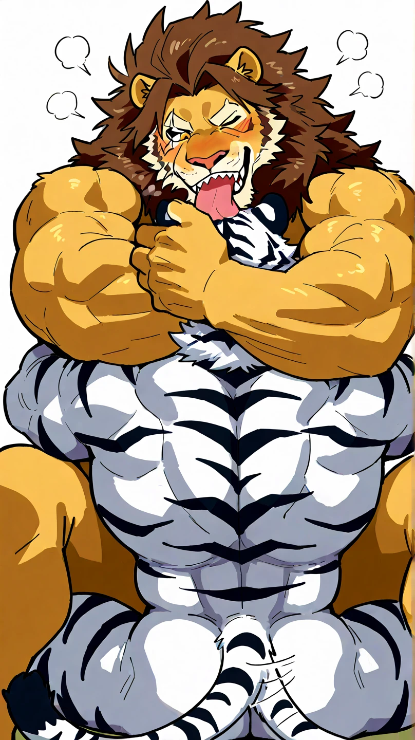 Overly muscular tiger7, masculine face, perverted expression, prominent veins, huge ass, huge chest (huge: 2.5), muscular thighs, thin waist, full body, bare back, naked, nicebulge, bodybuilder, holding his huge penis, penisQuiron, Hot pose in front angle, white background.