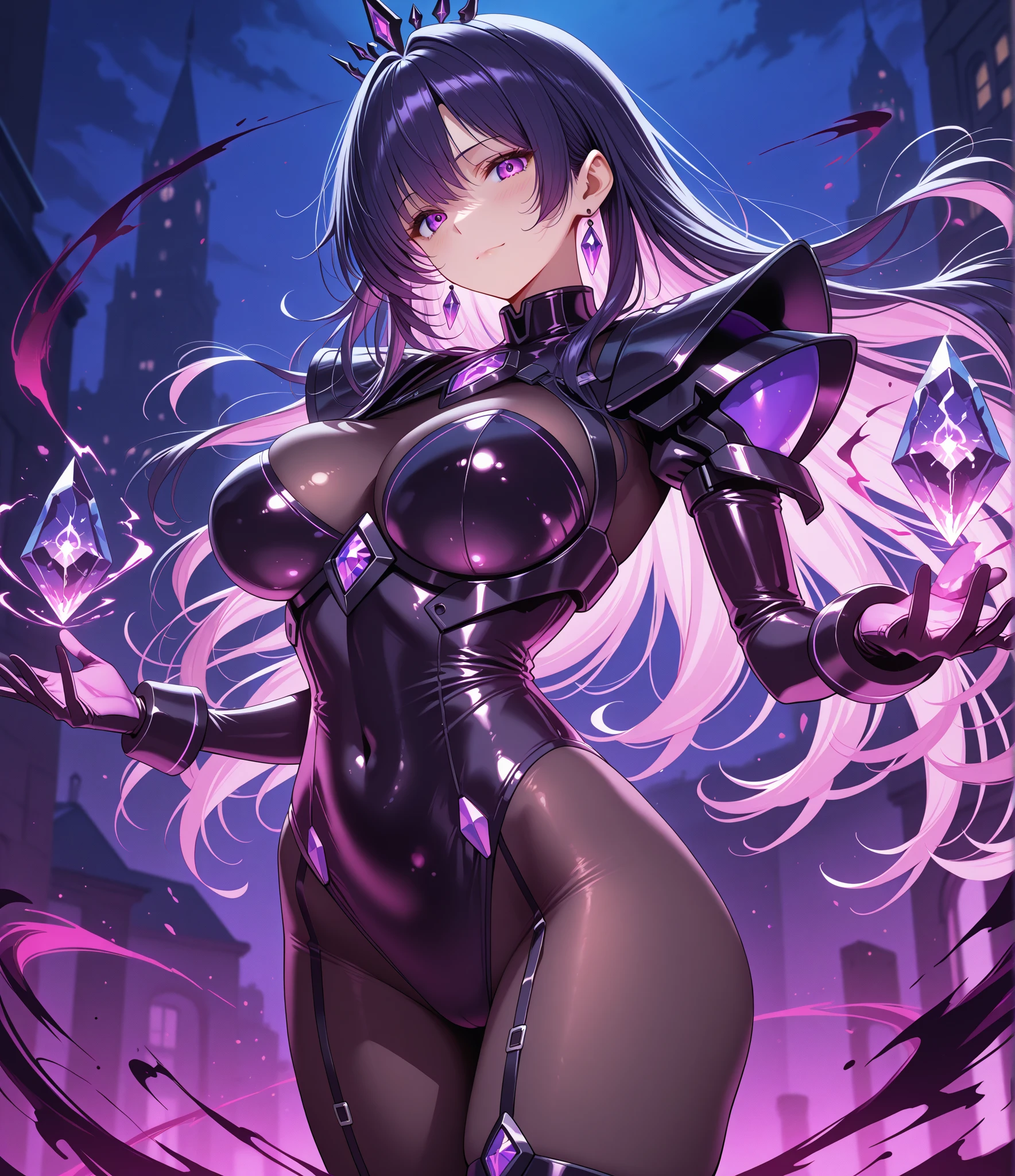 One, beautiful, 1 woman, with a sporty body, black exoskeleton with glowing purple details, long hair, black hair, purple eyes, with big breasts(huge), purple threads, black light