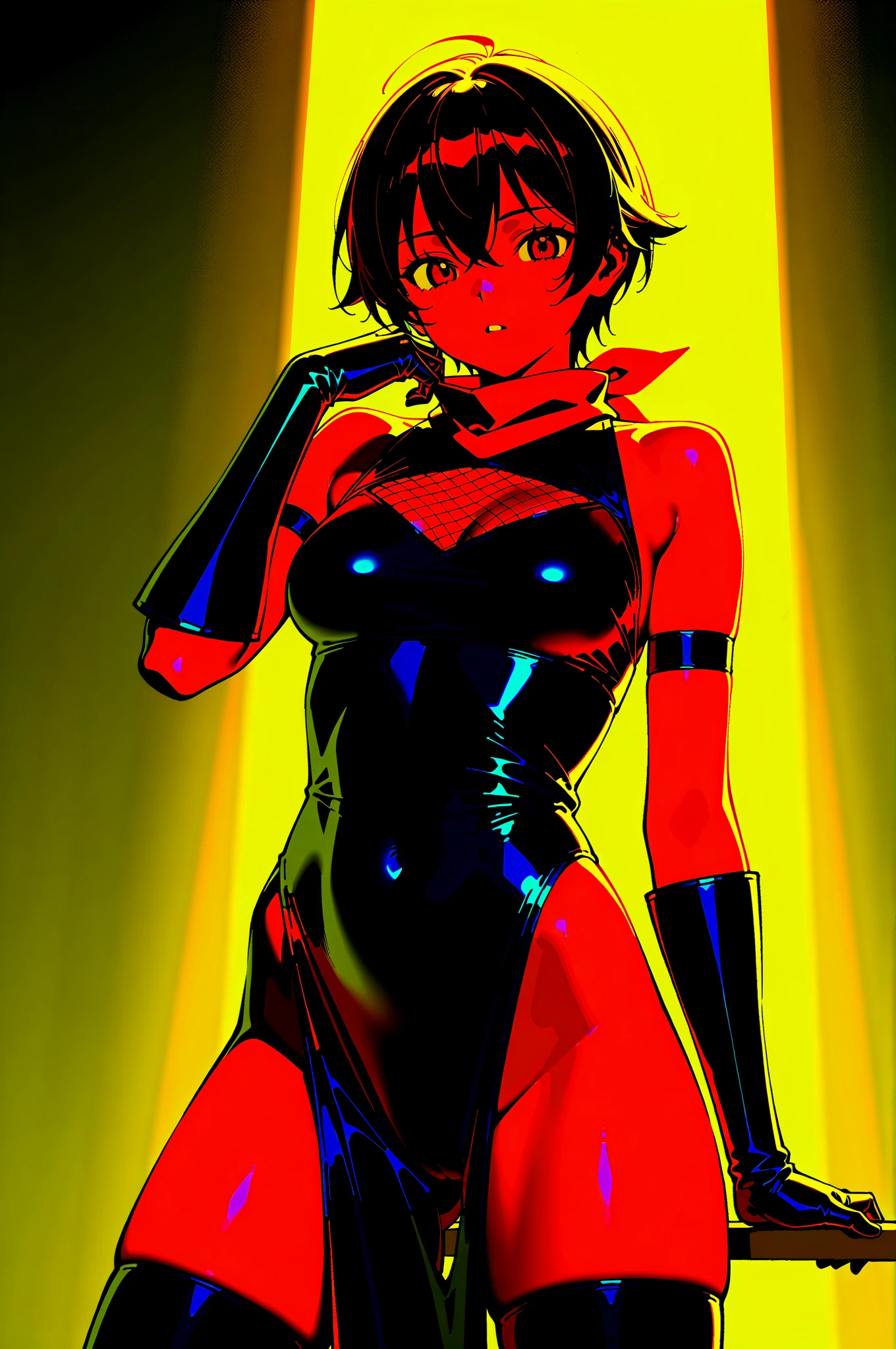 Cyberpunk Edgerunners, 1girl, Lucy \(cyberpunk\), bare shoulders, blue eyes, breasts, all latex bodysuit, looking at viewer, small breasts, red eyeliner, solo with short hair, white hair, sexy pose ((masterpiece)) , Black Clothes, Eyes on viewer, Hair Style: Bangs, Covered Breasts, Covered Cleavage