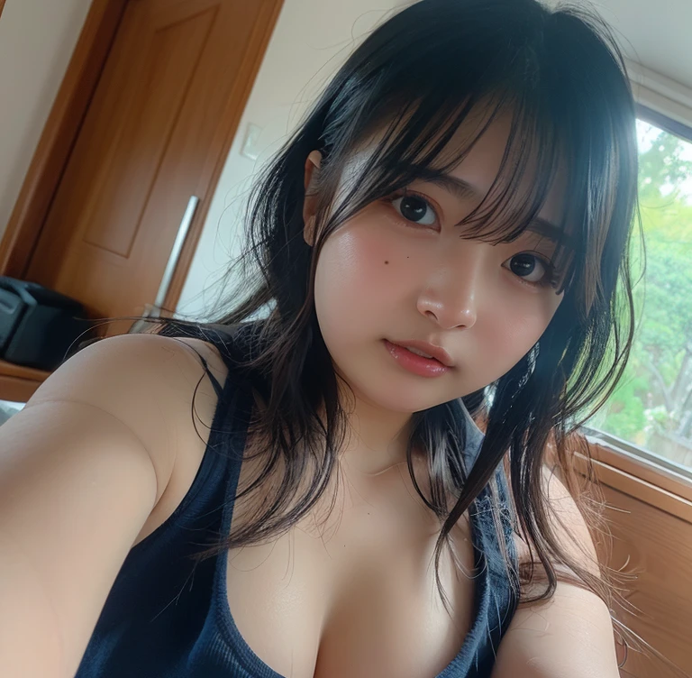 (8K, RAW Photos, Highest quality, High resolution: 1.1), (ultra Realistic: 1.4), (Realistic, Realistic: 1.3), The Beauty of Japan,((Upper Body: 1.3)) High resolution, Realistic image of a Japanese woman with short hair, She has big breasts and red cheeks, Look at that, Embarrassed look, While taking a selfie. Her smartphone is close to her face. She appears to be live streaming from her home., 深night、night、Upper Bodyは、Nipples sticking out、Erect nipples、Embarrassing、Bathroom