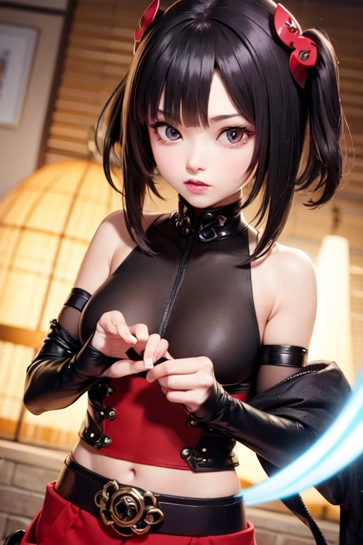 (8K, Raw photo, Best Quality, masutepiece:1.2), (Realistic, Photorealsitic:1.37), natural, (symmetric clear eyes:1.3),1girl in, (Lori with a very young face:1.2) , (flat chest:1.2), A nasty female ninja with a very young face ,, {{kawaii:1.3}}, Cute, {lovely:1.3}3, tiny girl, Black hair, Ponytail,, 超A high resolution, Super Detail, ultra-detailliert, Detailed skin, Sharp Focus, Bokeh, Shiny hair, Shiny skin, (finerly detailed face:1.2), Cinematic Light Break 1 Girl, Japanese, (((A very loli and small 10-year-old girl with a slender body with beautiful nipples))), Detailed eyes, lighting on the face, Young Girl, Beautiful Girl, ((Chiseled face)), moon face, Smooth skin, No makeup, Glowing eyes Break ((MGRP Ripple, Hair Ornament, Side Ponytail, red scarf, For a very small bikini top, Purple miniskirt:1.2, Detached sleeves, Get down on one knee:1.2,fish net, gloves, thighs thighs thighs thighs, Sandals):1.3), (Cowboy Shot:1.4), (Looking at Viewer:1.2), (Embarrassed smile:1.5), ((japanese architecture, kakejiku, Indoors):1.5), (Perfect Anatomy:1.2) BREAK (stealth:1.5), ((Girl in mini skirt showing off gal fancy little pink panties)),(huge breast, big tits, slender waist)、