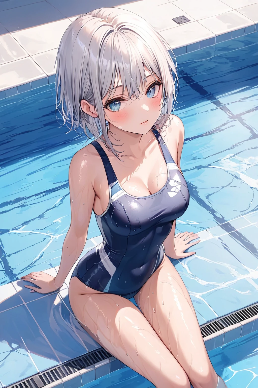 High resolution, Highest quality,  super high quality, Ultra-detailed, Cinematic lighting、(Open your thighs:1.5)、(squat:1.5)、woman 、(Swimwear:1.5)、Bobcut、White Hair、Blue eyes、Beautiful Skin、Beautiful Face、Embarrassing、Beautiful Eyes、Sweaty、Sweat、Butt、完璧なButt、
