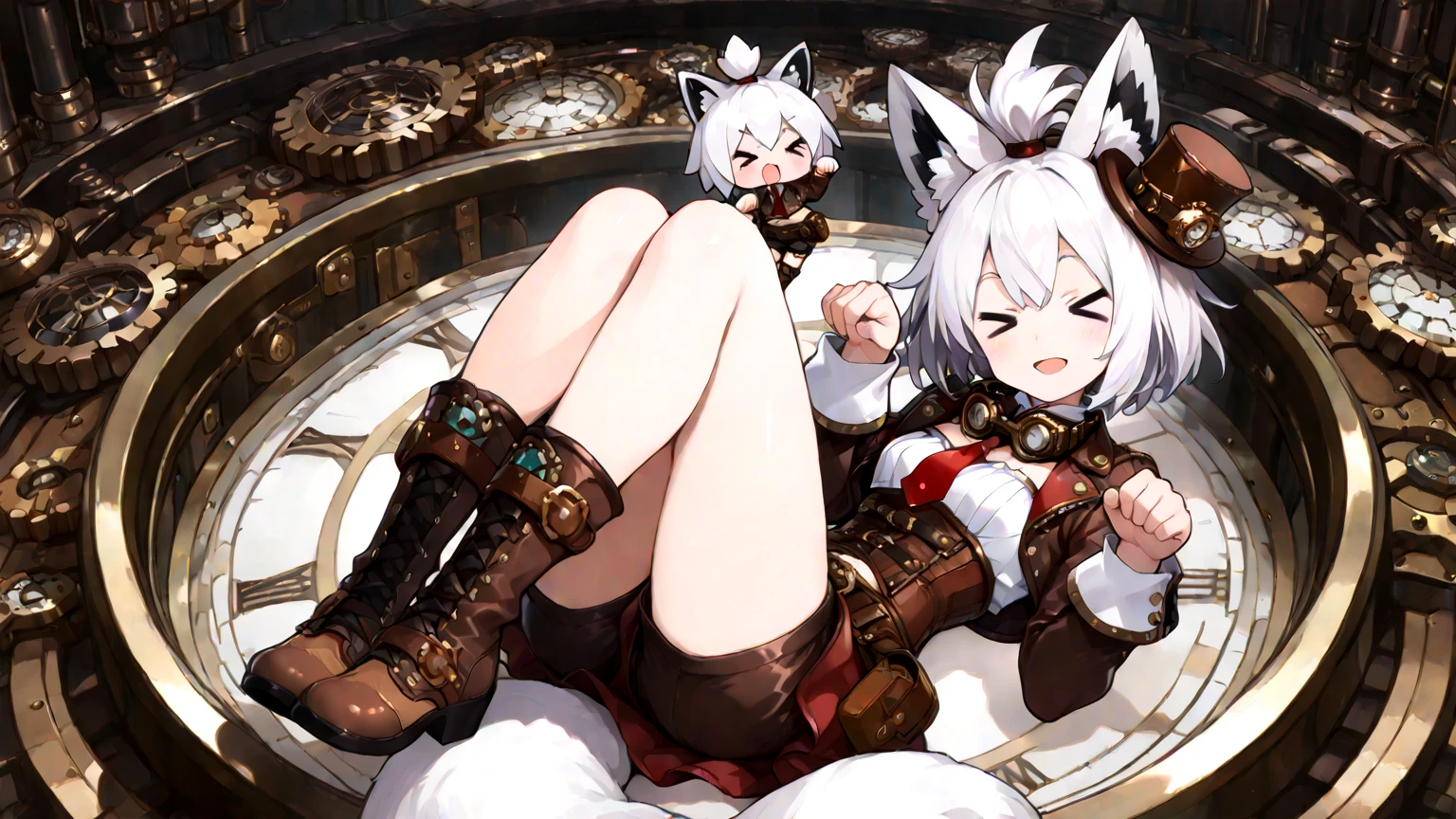 (RAW Photo, Best Quality, Masterpiece: 1.2), (Realistic, Photo Realistic: 1.4), (Masterpiece: 1.4), (Best Quality: 1.4), 1 Girl, Solo, :d, Animal Ear Headphones, Animal Ears, Arms Up, Bangs, Blush, Tights, Breasts, Rabbit Pose, Clothes Writing, Covering Belly Pollar, Denim Shot, Crop Jacket, Fake Animal Ears, Gloves, Outdoor, Morning, Snow, Hair Intake, Headphones, Impossible Tights, Impossible Clothes, Jacket, Room, Latex , latex tights, long hair, long sleeves, looking at the audience, room, multicolored gloves, open mouth, pink tights, pink eyes, red eyes, red jacket, shiny clothes, shrugged\(clothes\), sideburns, skin tightness, smile, thigh gaps, thighs, double tails, very long hair, white gloves, white hair, alice \ (nikke\), (shiny skin), reality,