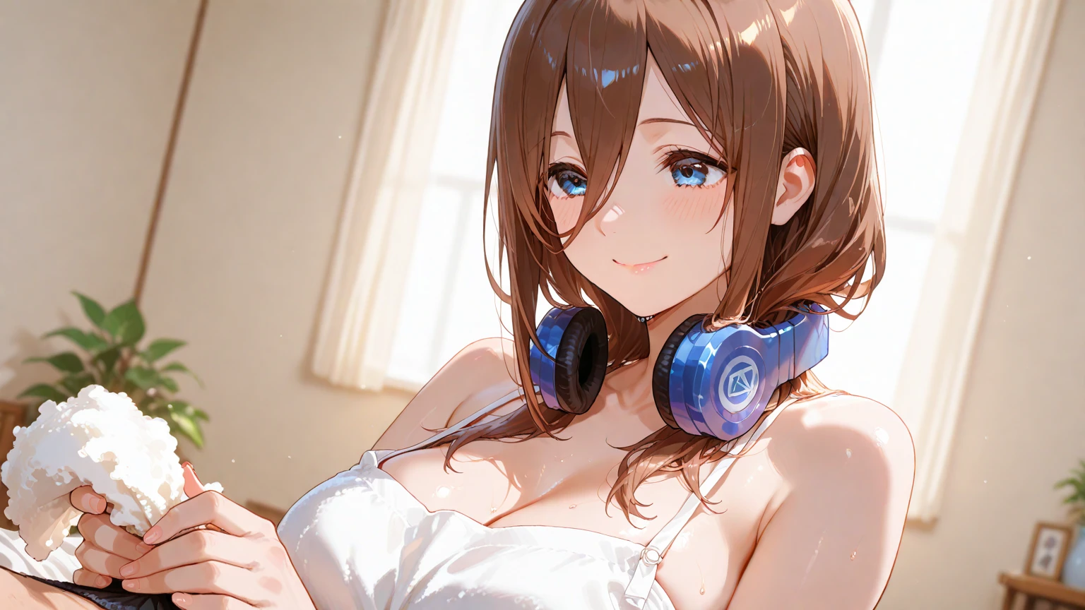 (((Highest quality,High resolution,Pixel perfect,Noise Reduction,Beautiful Anime,Smooth Skin,Glowing Skin,Soft Skin,Detailed face,１people,No text,No dialogue,No sound effects,No manga))),(((Looking into the camera,Nakano Miku,White micro bikini,White knee-high socks,Blue headphones around the neck))),(((blush,Caretera Hair,Brown Hair,blue eyes))),((front,White bedroom,Sit on the bed,Big Breasts,Long Breasts,Saggy breasts,Thighs))