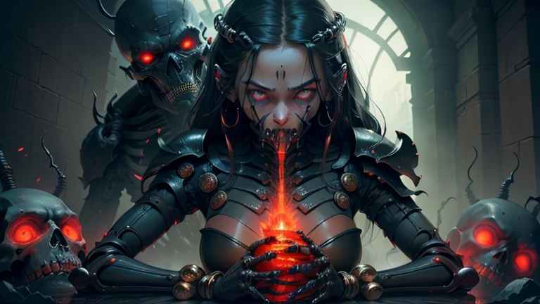 ((Best quality)), ((masterpiece)), ((highly intricate details)), ((mutated woman)), decaying industrial wasteland, toxic air hangs heavy, twisted metal and rusted machinery, mutated woman with elongated limbs, jagged teeth, glowing veins, emitting an otherworldly aura, haunting cries echoing through the desolate landscape, on eye level, scenic, masterpiece <lora:add_detail:1.2>