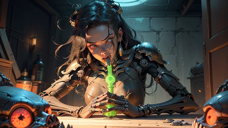 only one girl, black hair and phospor green underlights, green eyes, has tattoos, piercings, light skin but not that light, dressed in dark fantasy style, long hair gothic dark style punk diesel, in the lab working with weapons and hextech gems