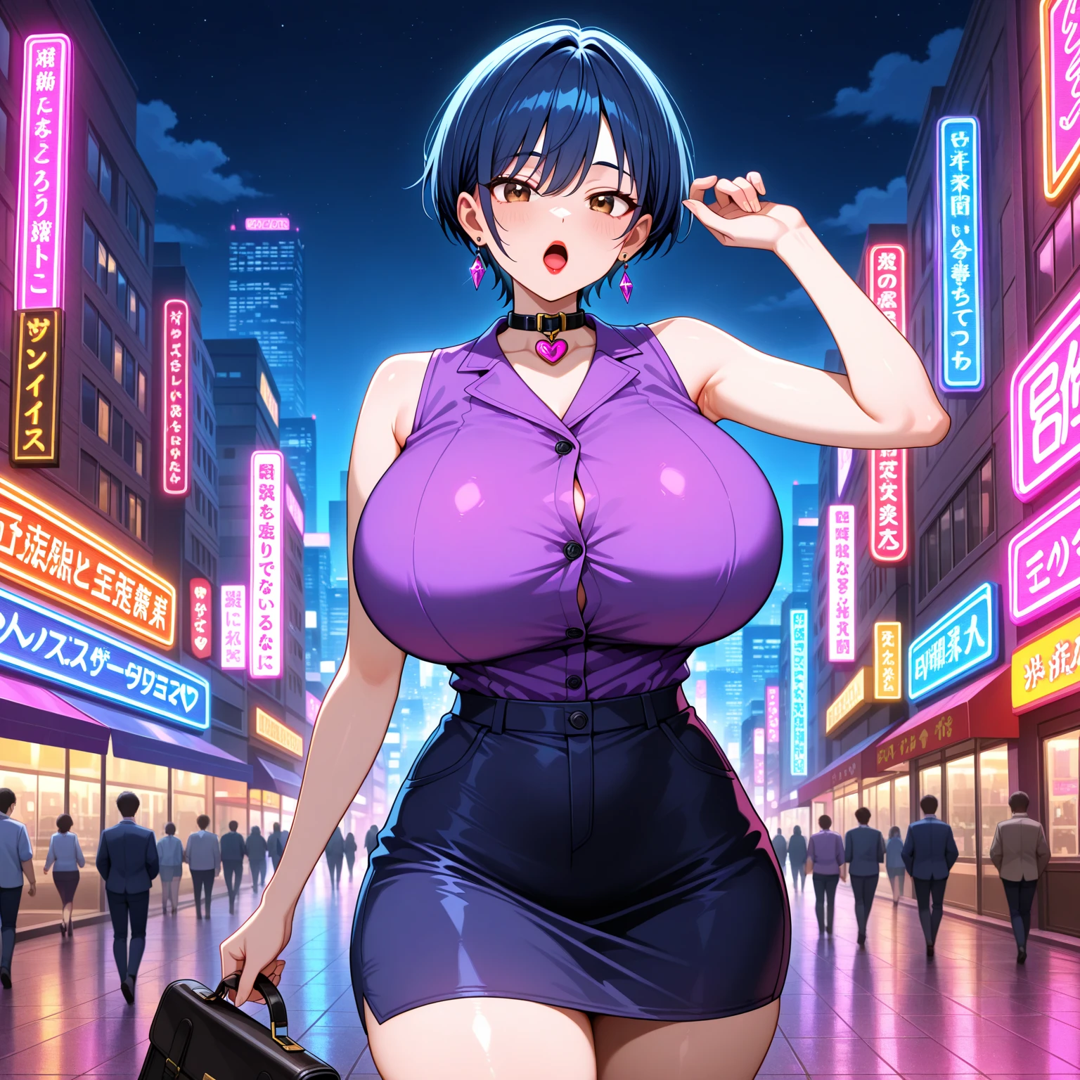 1girl, black_skirt, blue_hair, building, city, cityscape, hair_between_eyes, jacket, looking_at_viewer, medium_hair, multicolored_hair, multiple_boys, night, off_shoulder, outdoors, pleated_skirt, road, shirt, skirt, skyscraper, smile, solo_focus, street, white_shirt, ginormous breasts, overflowing bra, Huge plump breasts