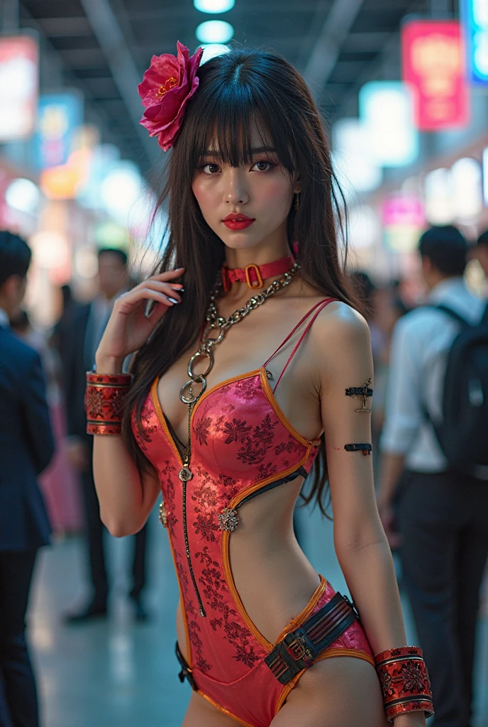 sparkle \(honkai: star rail\), 1girl, twintails, black hair, medium breasts, red eyes, red eyeshadow, fox mask, (standing:1.5), (wetting herself:1.5), best quality, ultra-detailed, HDR, studio lighting, professional, vivid colors, sharp focus, bokeh, landscape, casino, neon lights, soft lighting, dynamic shadows, (embarrassed:1.25), (humiliation:1.25), (blushing:1.25), (naughty face:1.25), (seductive expression:1.25), facing viewer, (hands on hips:1.5), ((realistic,photorealistic))