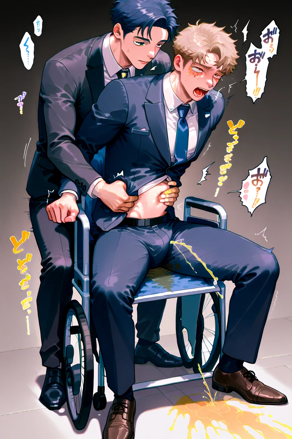 score_9, score_8_wonderful, score_7_wonderful, sauce_anime,Ace of Diamonds,Sawamura,Male Focus,1 male,No pants,Red tie，Auction,Long sleeve white shirt,On all fours,Place your hands on the floor,penis,Leash color,View your audience,Squat,humiliation,Obedience,slave